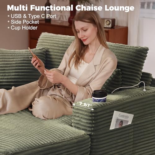 60" Oversized Chaise Lounge Chair with Wood Frame, USB Charging Port, Green, view 6