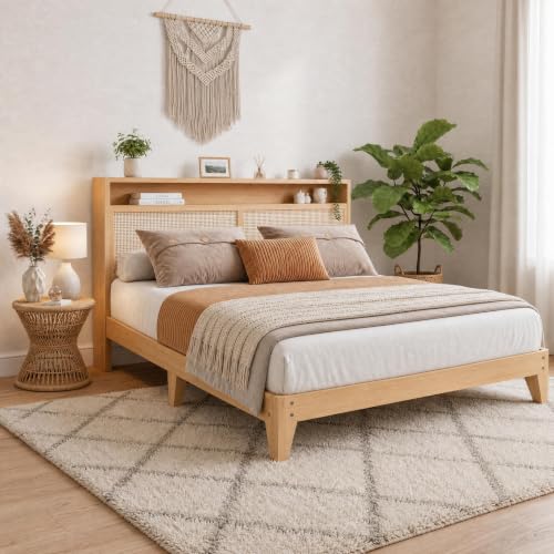 Rattan Bed with LED Lights Bohemian Style, view 2