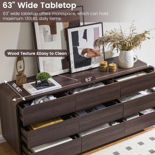 9 Drawer Dresser for Bedroom, Modern Curved Wood Chest of Drawers, view 6