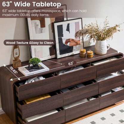 9 Drawer Dresser for Bedroom, Modern Curved Wood Chest of Drawers, view 6