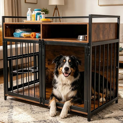 Large Dog Crate Furniture, 48" Vintage Brown Wooden Kennel for Big Dogs, view 2