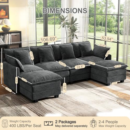 107" Cloud Couch Sectional, U Shaped Modular Sectional Sofa, 4-Seat Deep Seat Couch with 6 Removable Washable Pillows and 2 Ottoman for Living Room, Bedroom, Apartment, Black Grey