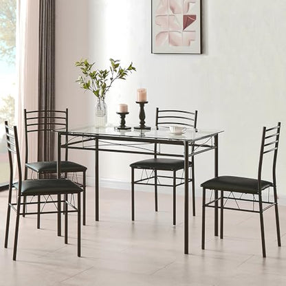 Kitchen Dining Table and Chairs Set for 4, Padded Seat & Glasses Tabletop, Space Saving, Matte Black