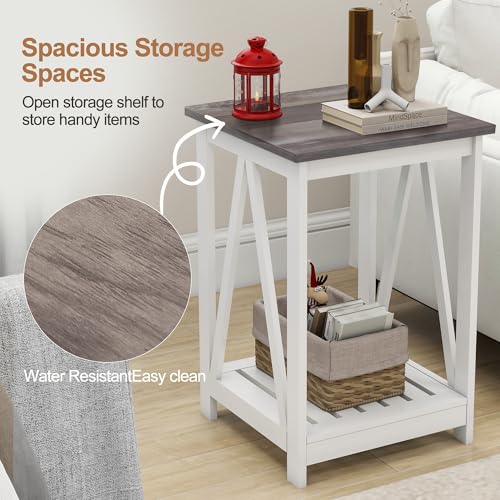 Farmhouse Square End Table, Accent Side Table with Slats Design, Sofa Side Table with Sturdy Frame for Living Room, Oak Grey