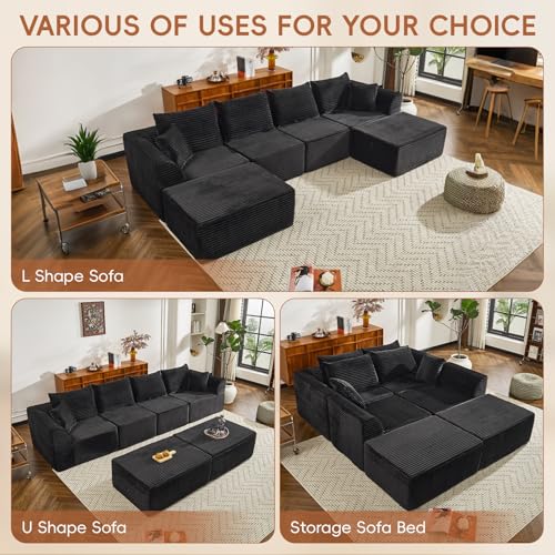 130" Sectional Couches for Living Room，U-Shaped Modular Sectional Sofa,Extra Deep Seat 6-Seater Boneless Sectional with 2 Ottomans，High Density Foam Sofa，No Assembly Required Corduroy Cloud Couch
