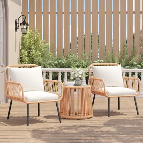 3 Pieces Patio Bistro Sets, Wicker Rattan Furniture Set | Round Glass Table, Outdoor, Balcony, Porch, Lawn, Garden, Backyard