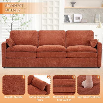 89” Chenille Sofa w/Arm Pillows, Upholstered 3-Seater Sofa w/Comfortable Back Cushions, Modern 3 Seats Couch w/High-Density Foam for Living Room, Apartment, Office, Orange