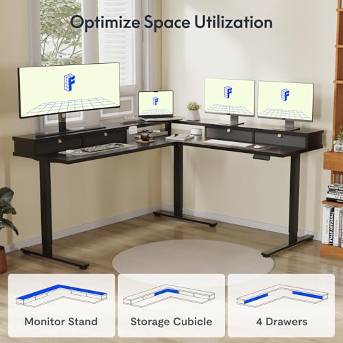 FLEXISPOT 71" Large L Shaped Standing Desk Electric Corner Table with Shelf, 4 Storage Drawers, Adjustable Computer Workstation for Home, Office, Game, Studio, Black Top + Black Frame
