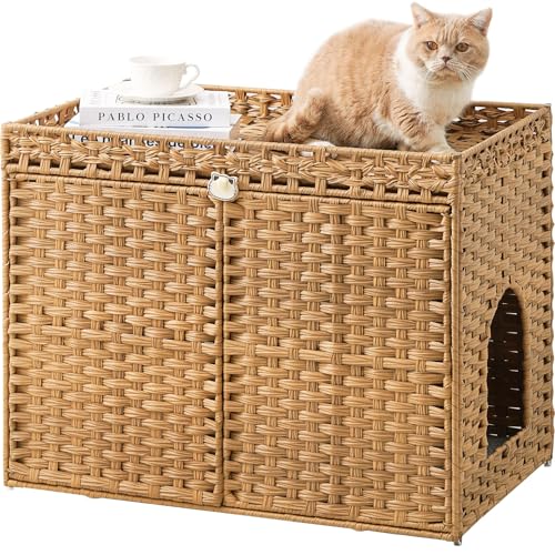 Cat Litter Box Enclosure Furniture, Handwoven Rattan Hidden Litter Box with Mat, Large Space Cat House with 2 S-Shaped Hooks 30.3 x 18.3 x 24.4 Inches, Indoor for Living Room Apartment Natural