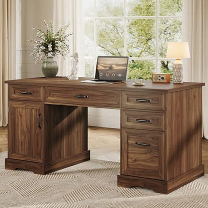Farmhouse 59 Inch Executive Desk with Drawers, Walnut, view 2
