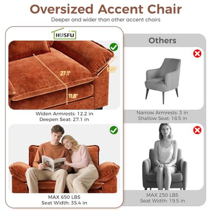 Oversized Accent Chair, 49.5'' W Chenille Cloud Sofa Chair with Deep Seat and Extra Wide Armrests, Comfy Reading Armchair for Bedroom, Living Room, Terracotta Orange