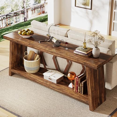 Tribesigns 70.86-Inch Farmhouse Console Table, Industrial Narrow Long Sofa Entryway Table with Storage, 2-Tier Wood Couch Foyer Accent Table for Living Room, Hallway, Entrance (Brown)