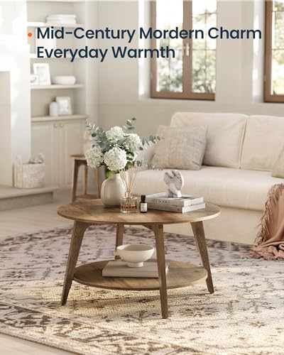 Round Coffee Table, 2 Tier Living Room Center Table, Mid Century Modern Charm, Brown