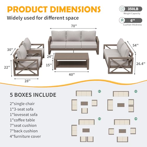 Aluminum Patio Furniture Set, 8 Pieces Modern Metal Outdoor Furniture, Faux Wood Grain Finish Frame Patio Sofa Sets with 6" Cushion for Backyard, Beige (Included Waterproof Covers)