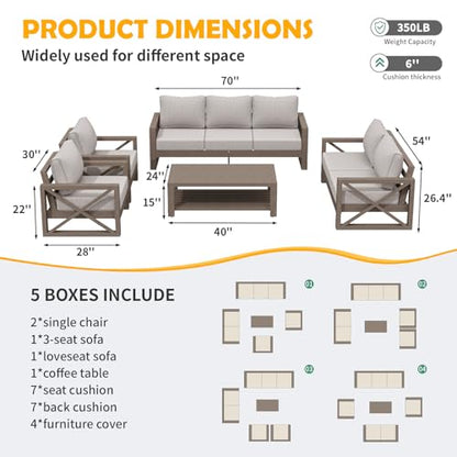 Aluminum Patio Furniture Set, 8 Pieces Modern Metal Outdoor Furniture, Faux Wood Grain Finish Frame Patio Sofa Sets with 6" Cushion for Backyard, Beige (Included Waterproof Covers)