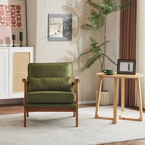 Mid-Century Lounge Accent Chair, Green | Wide Curved Armrest, Linen Fabric, Lumbar Pillow Included, Solid Wood Frame, For Living Room, Bedroom, Balcony, Apartment