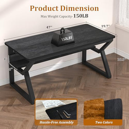47 inch Computer Desk with Storage Shelf, K-Shaped Office Desk with Sturdy Metal Frame, Writing Gaming Work Desk with Waterproof Surface for Home Office & Bedroom, Black