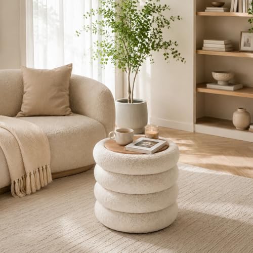 Round Storage Ottoman, Modern Sherpa Footstool, Teddy Vanity Stool with Flip-Top Tray, Makeup Chair for Home Decor, Upholstered Footrest for Living Room & Bedroom (White)