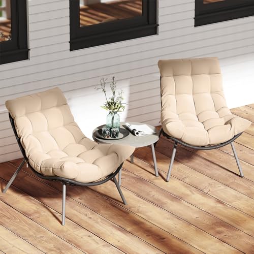 3 Pieces Patio Furniture Set, Outdoor Rattan Wicker Bistro Conversation Set with Cushioned Papasan Chairs and Tempered Glass Coffee Table for Porch, Balcony, Deck and Garden
