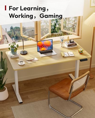 Electric Standing Desk 48 x 24 Inches Whole-Piece Desktop Height Adjustable Stand Up Desk w/6-Button Controller Ergonomic Computer Desk for Home Office, White Frame + Natural Tabletop