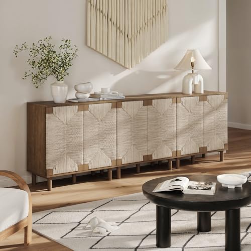 Nathan James Beacon Boho Accent Cabinet with Doors, Free Standing Kitchen Cabinet Storage with Adjustable Interior Shelf and Seagrass Accent, Dark Brown