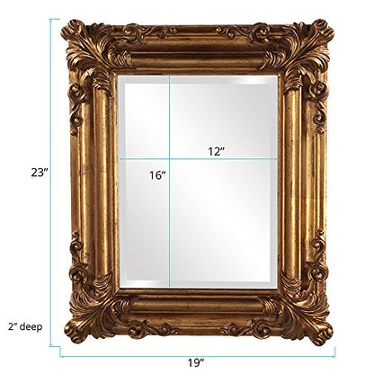 Edwin Hanging Rectangular Wall Mirror, Rustic Antique Gold Framed Decorative Accent Mirror for Living Room or Bedroom with Elegant Embellished Design, 19 x 23 Inch
