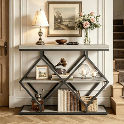 3 Tier Console Table with Open Wood Shelves,39" Industrial Entryway Table,Sofa Table,Narrow Wood Accent Tables with Metal Frame for Hallway,Living Room,Behind Couch,Foyer,Entrance,Gray