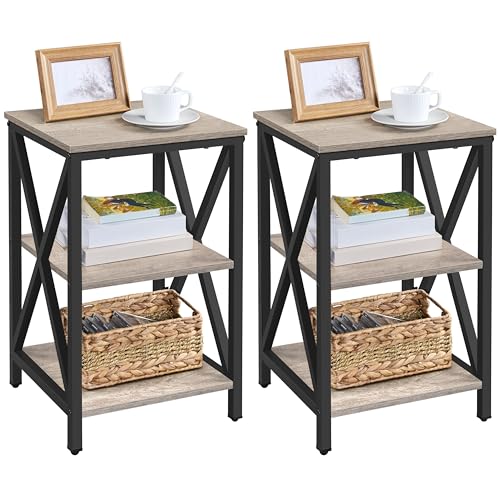 Yaheetech Industrial End Tables Set of 2, 3-Tier Side Tables with Storage Shelves for Living Room, X Design Sofa Tables, Strong Metal Frame, Easy Assembly, 16x16x24.5 in, Gray