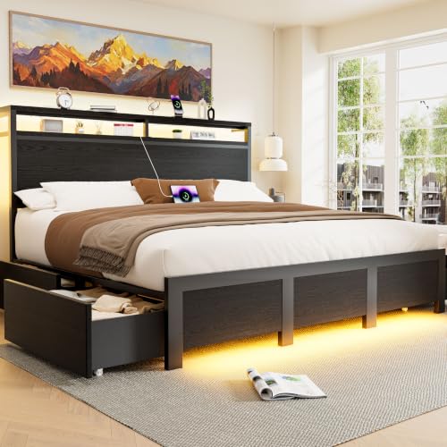 King Bed Frame with 4 Storage Drawers, Charging Station and LED Lights, view 2
