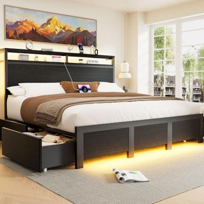 King Bed Frame with 4 Storage Drawers, Charging Station and LED Lights, view 2