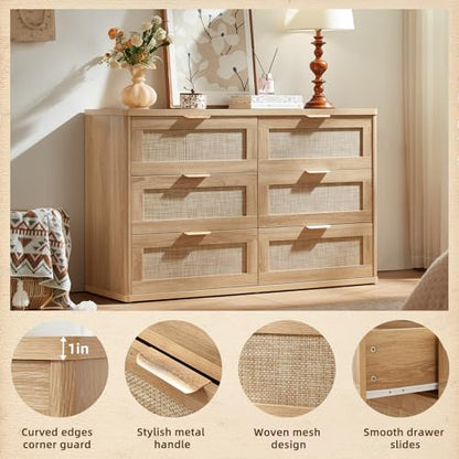 Rattan 6 Drawer Dresser for Bedroom, Boho 48" Wide Natural Wood Dresser Chest of Drawers, Dressers TV Stand with Metal Handle, Storage Dressers Closet Organizer for Living Room, Hallway