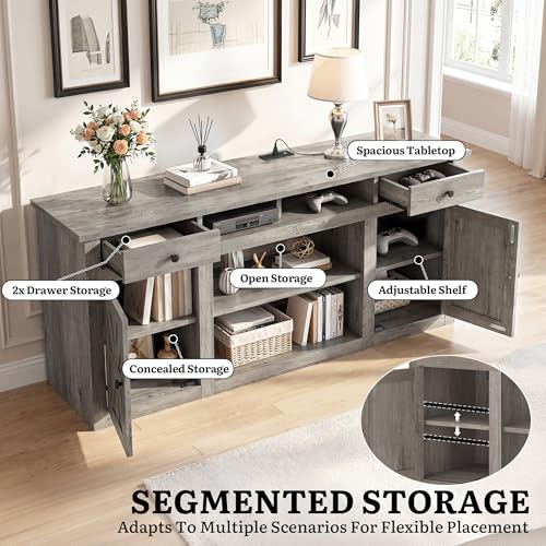 Farmhouse TV Stand with Storage Cabinets for 65" TV, Washed Gray, view 4