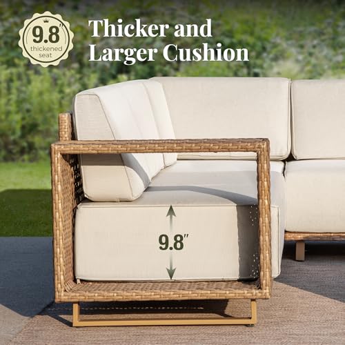 4 Pcs Outdoor Patio Furniture Set, Yellow Rattan Wicker Modular Couch Chairs, 2 Rattan Single Sofa, 2 Ottomans with 10" Extra Thick Cushions, Low Profile Lawn Garden Deck Furniture