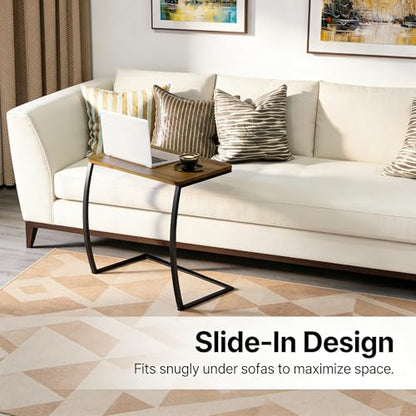 Side Table, End Table, Vintage C-Shaped Couch Table for Sofa Laptop Coffee Snack, Walnut