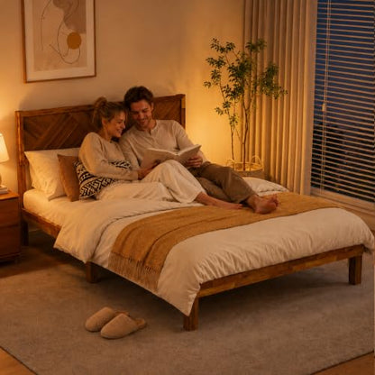 62" Queen Bed Frame with Headboard, Wood Platform Bed Frame Queen Size, view 4
