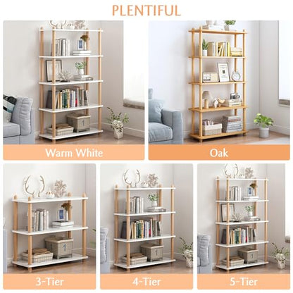 IOTXY 5-Tier Wooden Shelf Bookcase, Freestanding Open Bookshelf, Oak | Beech Wood Frame, 0.63" Shelves, Books, Plants, Decor, Living Room, Bedroom, Home Office