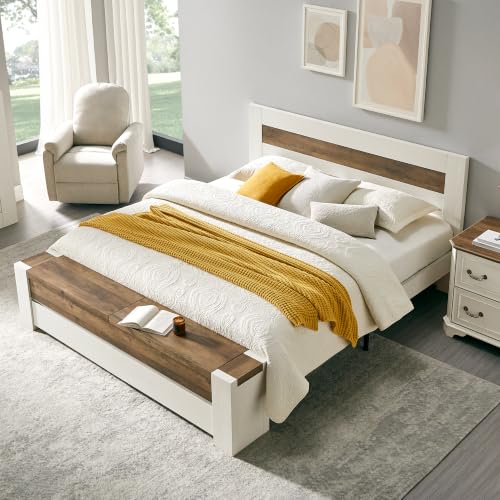 King Bed Frame with Headboard and Footboard Storage Bench,Antique White, view 2