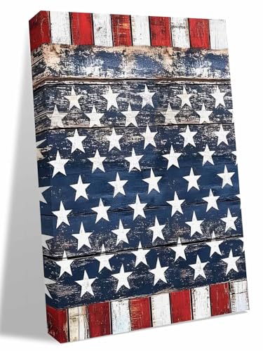 NuYeBiofx Retro Farmhouse Stars Stripes Canvas Wall Art Prints,30"x20" Framed Picture Artwork Shabby Wood Plank American Flag Printed Canvas Oil Painting for Living Room Bedroom Office,Ready to Hang