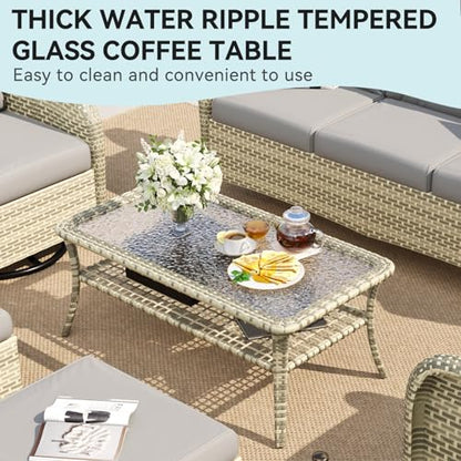 Outdoor Coffee Table with Storage Wicker Patio Coffee Table, All-Weather Tempered Glass Top Coffee Table for Patio Furniture Set for Balcony, Garden, Deck, Backyard, Black