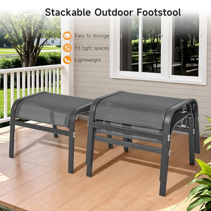 Outdoor Ottoman Set of 2, All Weather Outdoor Foot Stool with Supportive Textliene and Metal Frame, Stackable Oversized Outdoor Foot Rest for Furniture Patio Garden Pool, Grey