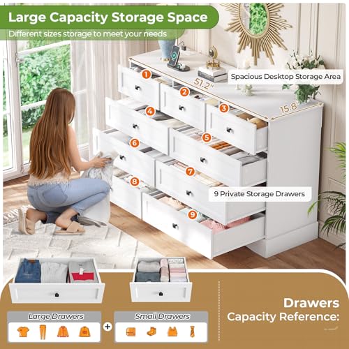 White Dresser for Bedroom with 9 Drawers, view 4
