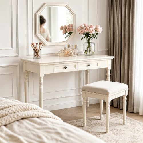 White Writing Desks with Drawers, 47" French Country Style, view 4