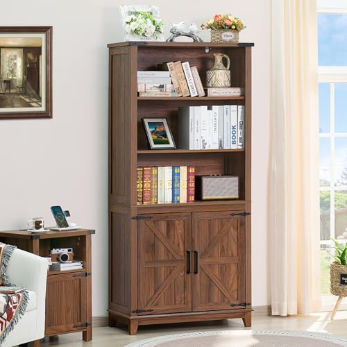 Farmhouse 70in Tall Bookshelf 5 Tier Bookcase, Barn Doors, Brown, view 5