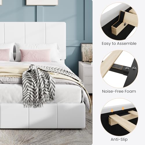 Velvet Platform Bed with Tufted Headboard, White, view 7