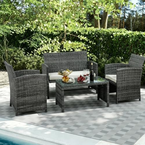 4 Piece Outdoor Patio Furniture Set, Outdoor Wicker Rattan Chairs Conversation Sets with Cushions & Coffee Table for Outside, Garden, Balcony, Porch, Beige