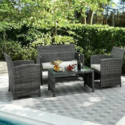 4 Piece Outdoor Patio Furniture Set, Outdoor Wicker Rattan Chairs Conversation Sets with Cushions & Coffee Table for Outside, Garden, Balcony, Porch, Beige