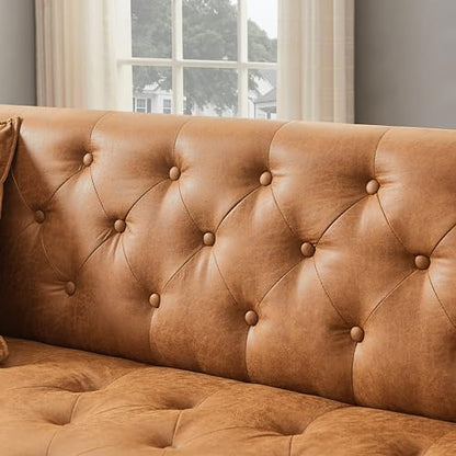 79" W Brown Faux Leather Sofa with 2 Pillows, Couches for Living Room | Modern 3-Seater Chesterfield Sofa for Apartment, Office, Handmade Button Tufted Cushions and Solid Metal Legs