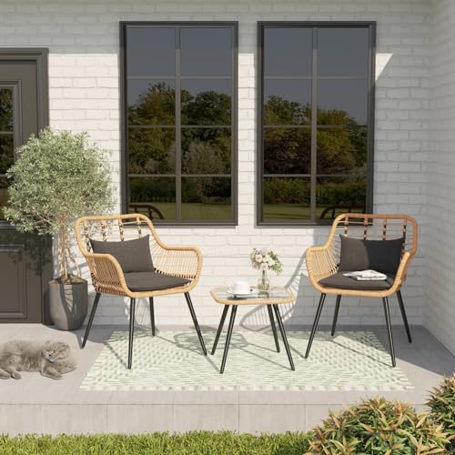 3 Piece Patio Bistro Set, Outdoor Wicker Conversation Chair Sets Balcony Furniture,Coffee Table with Glass Top, Cushions & Lumbar Pillows for Porch, Backyard, Deck, Poolside