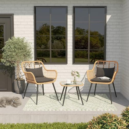 3 Piece Patio Bistro Set, Outdoor Wicker Conversation Chair Sets Balcony Furniture,Coffee Table with Glass Top, Cushions & Lumbar Pillows for Porch, Backyard, Deck, Poolside