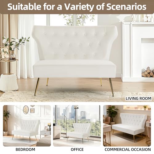 Small White Velvet Sofa, Soft Upholstered 40’’ Armless Loveseat Couch with High Density Foam, Modern Tufted Cushion with Gold Legs for Bedroom, Dorm, Apartment, Girls, Teens, Easy Assembly